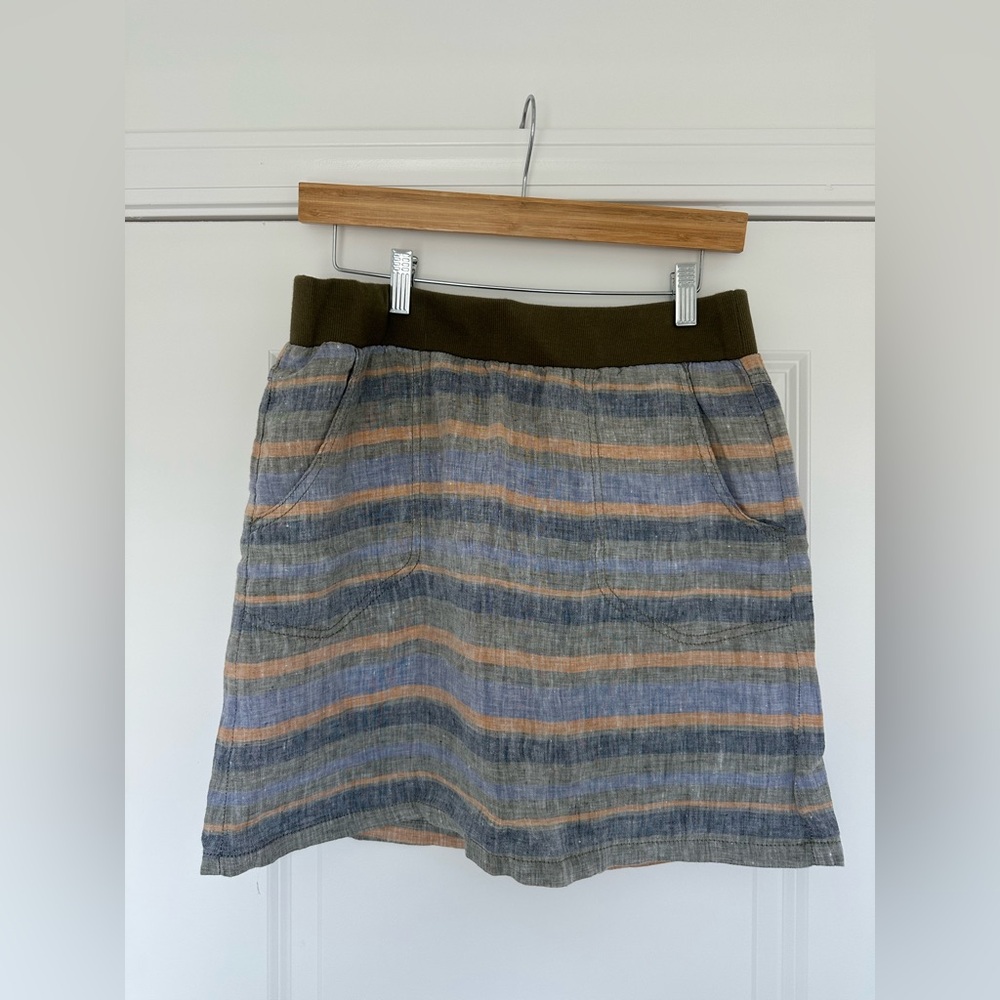 Toad&Co Olive-Waist Striped A-Line Skirt in Blue, Tan & Olive